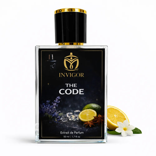 The Code' by Invigor with black and gold design for men's